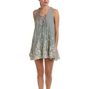 Show Me Your Mumu Rancho Mirage Lace Up Floral Embroidered Mini Dress Grey M
